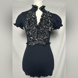 AAIKO Black Y2K Polka Dot Ruffle Collar Puff Sleeve Short Sleeve Shirt Size S